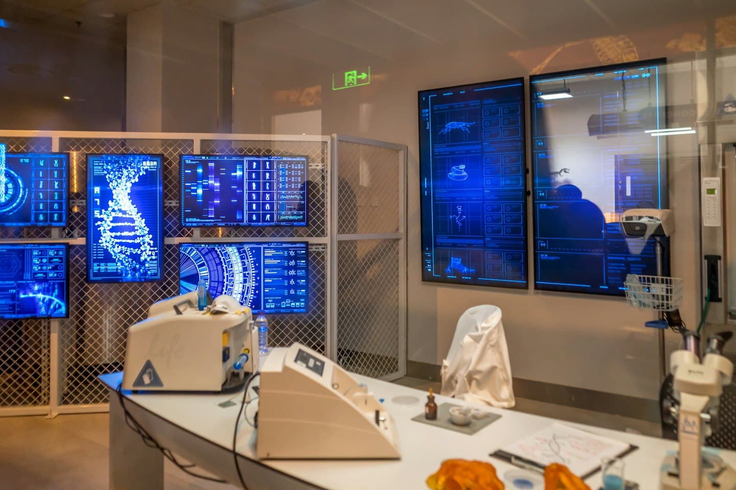 Schermi digitali mostrano elica di DNA e dati genetici in un laboratorio moderno.